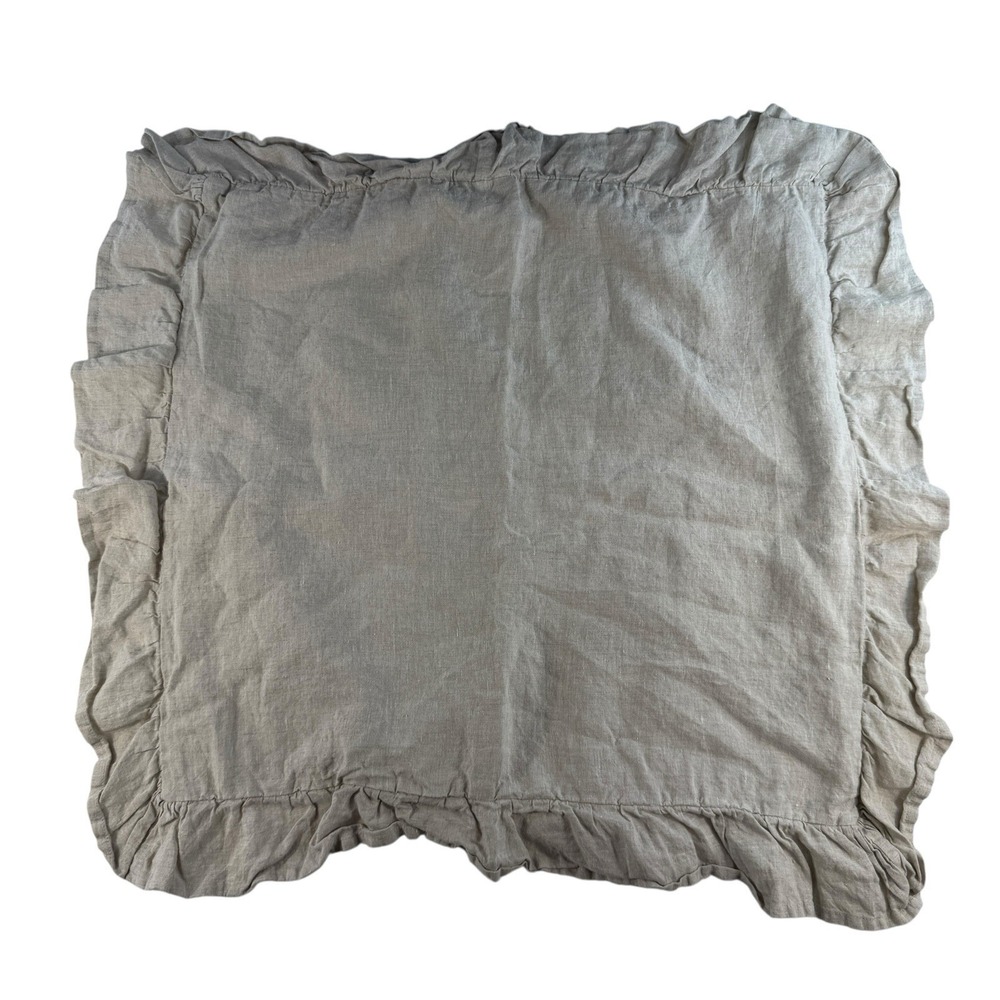 Euro Sham 26x26" Beige 100% French Linen Ruffle Edge Sustainable Tan Square